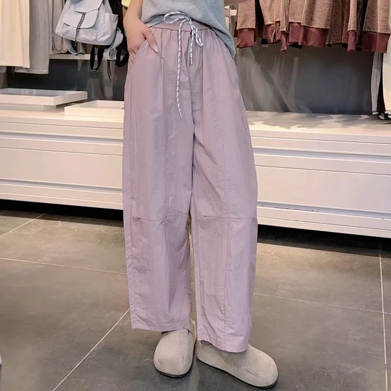 夏季新款高腰抽绳哈伦裤阔腿裤女显瘦百搭户外九分裤运动休闲裤