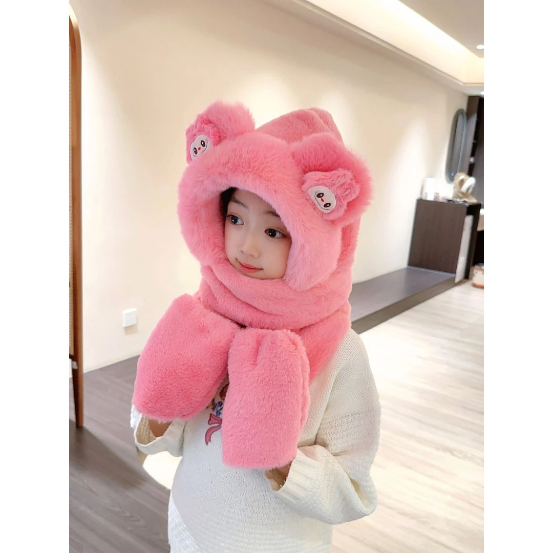 冬季男女童一体加厚加绒毛绒儿童帽子围巾三件套保暖防风护耳帽