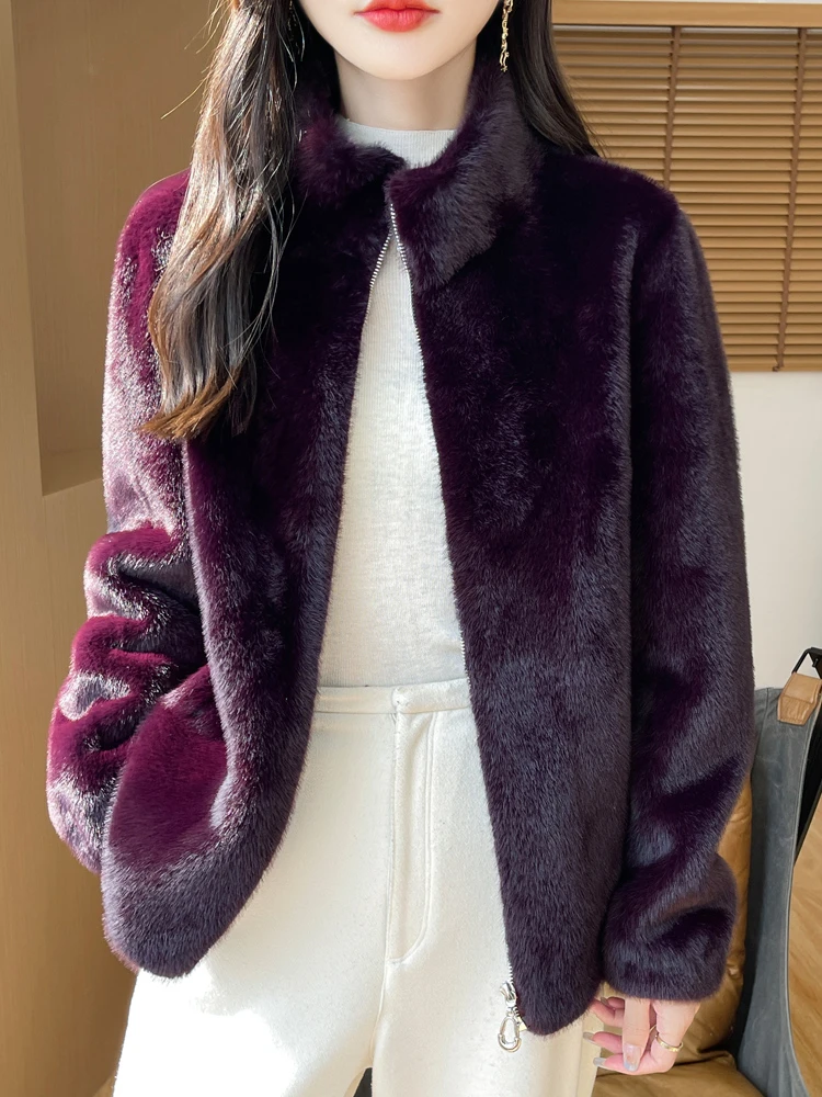 827女款气质秋冬仿貂绒北极貂拉链开衫外套女保暖时尚百搭立领