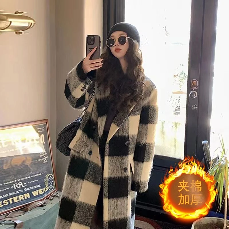 格子夹棉大衣中长款2025秋冬季新款韩系高级设计感小个子毛呢外套