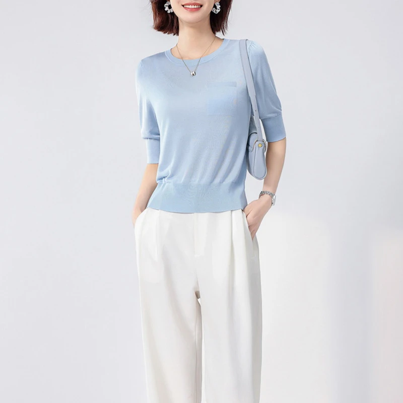 2328-凉感简约针织中袖五分袖桑蚕丝~百搭基础显瘦女薄款