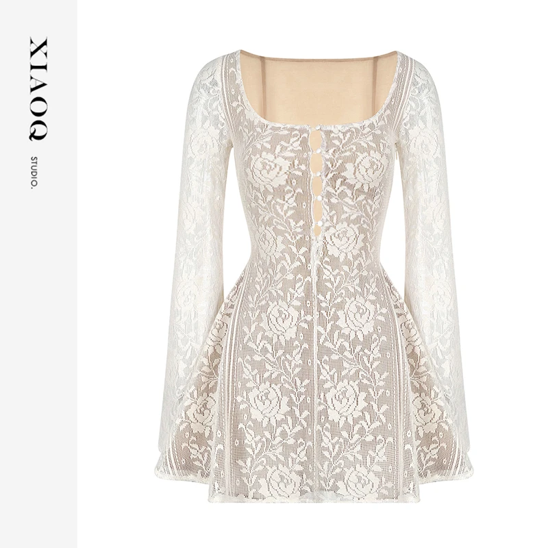 XIAOQ「洛可可情书」方领重工中古收腰花卉喇叭袖镂空A字裙10455T