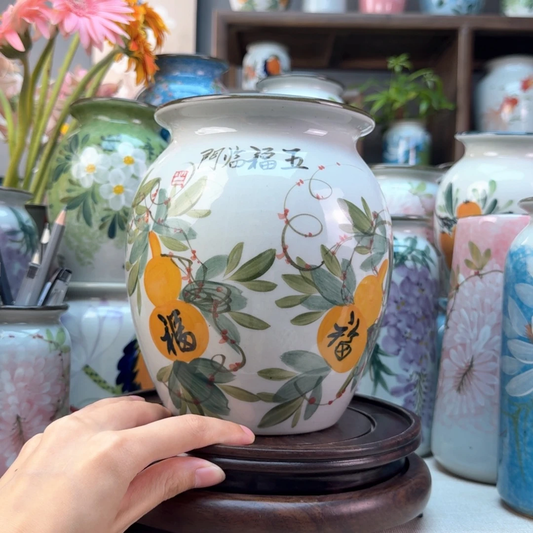 景德镇纯手绘陶瓷花瓶无孔
