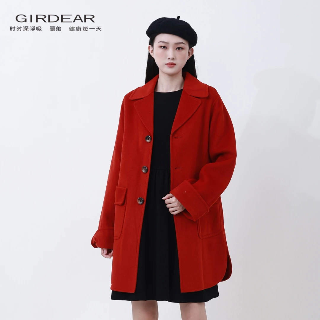 GIRDEAR/哥弟 新款秋冬时尚轻奢双面呢百搭中长款毛呢外套140046