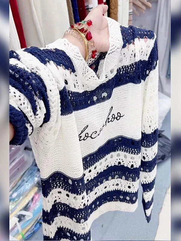 韩系通勤宽松显瘦百搭撞色条纹针织镂空钩花毛衣秋季时尚气质上衣