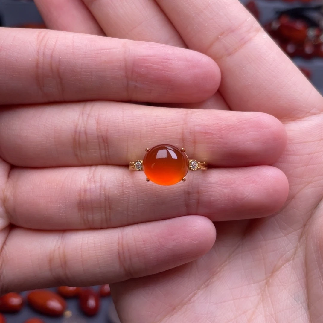 南红玛瑙银S925镶嵌珠宝奇石女戒