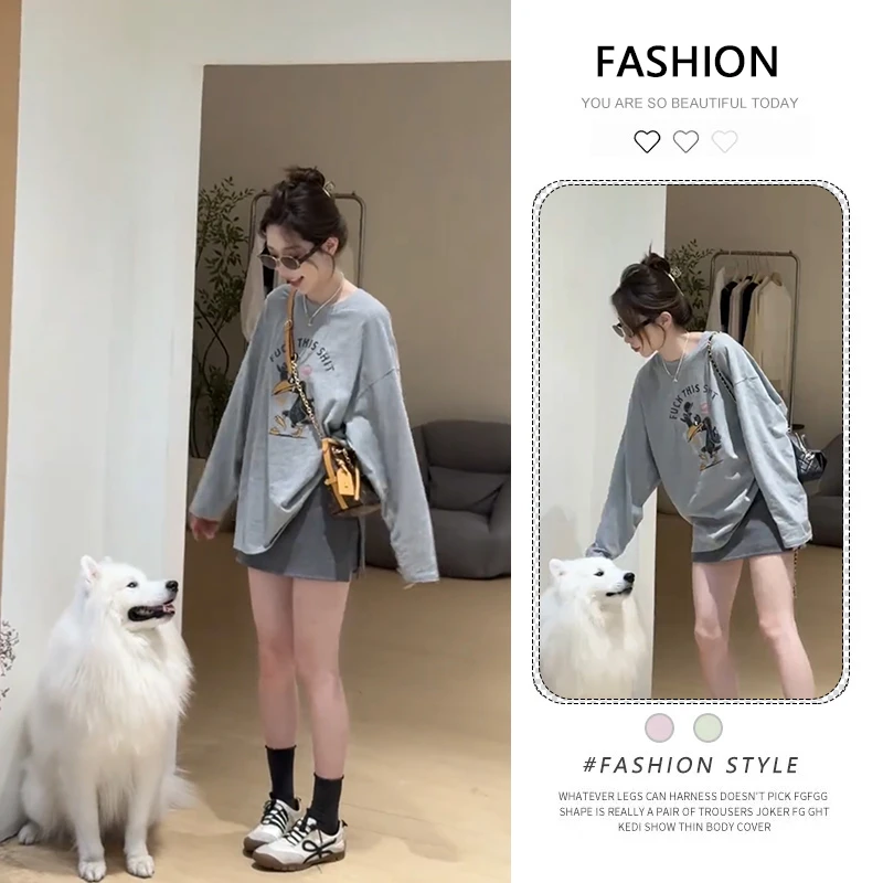 灰色卡通印花长袖t恤女宽松韩版慵懒风松弛感穿搭简约通勤上衣秋