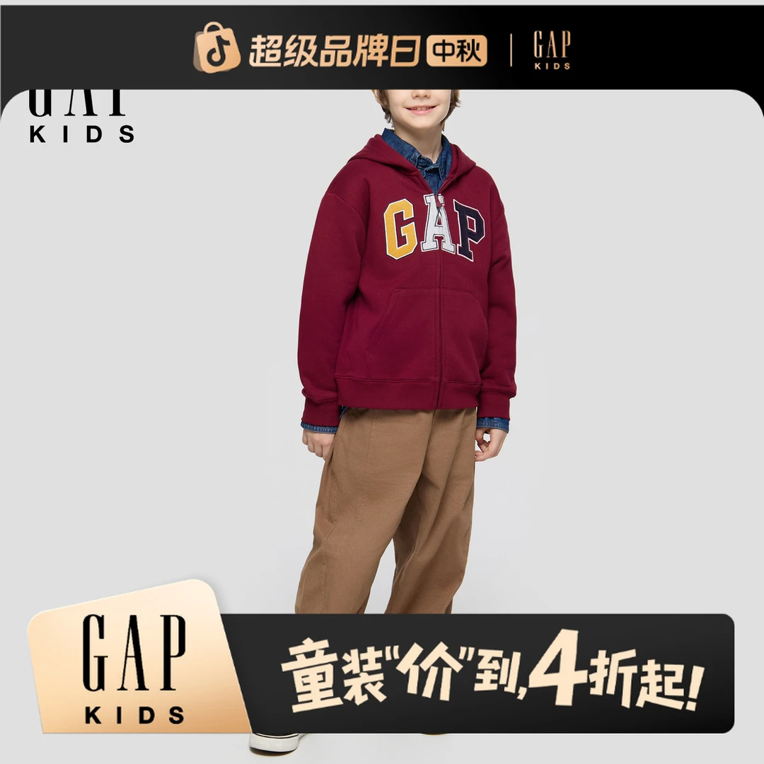Gap男女童2025秋季新款Logo贴布绣宽松抓绒连帽衫儿童装804634
