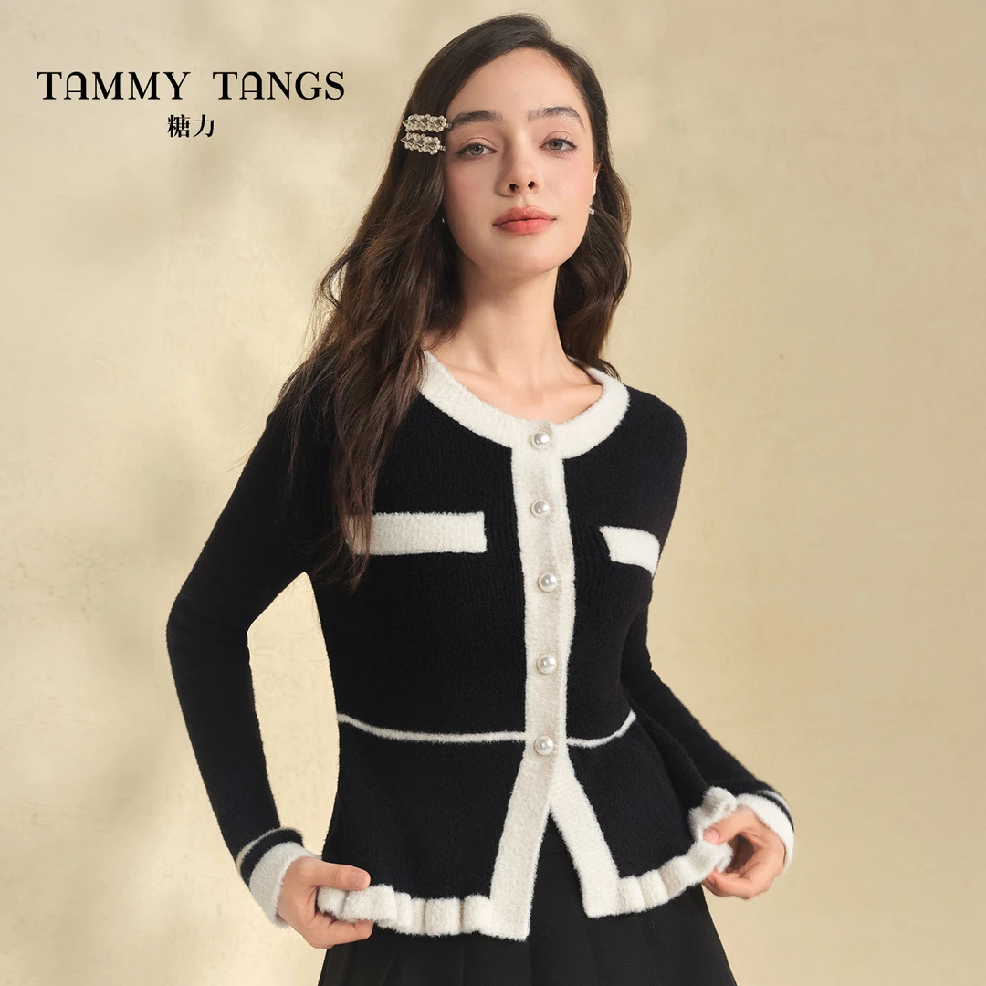 【千金专属】糖力拼色珍珠扣针织衫TWRDS63017