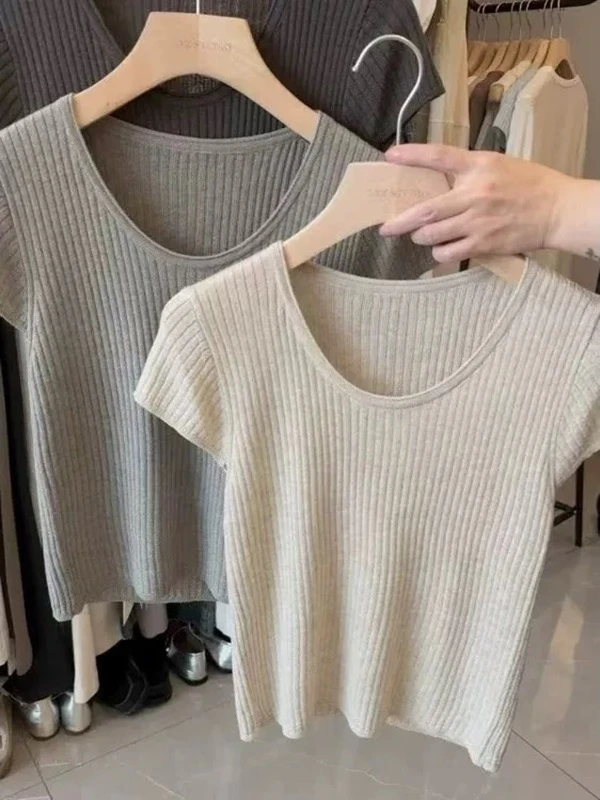 /鸡蛋领小飞袖/薄款U领飞飞袖短袖针织衫 衣长54 胸围46 95150