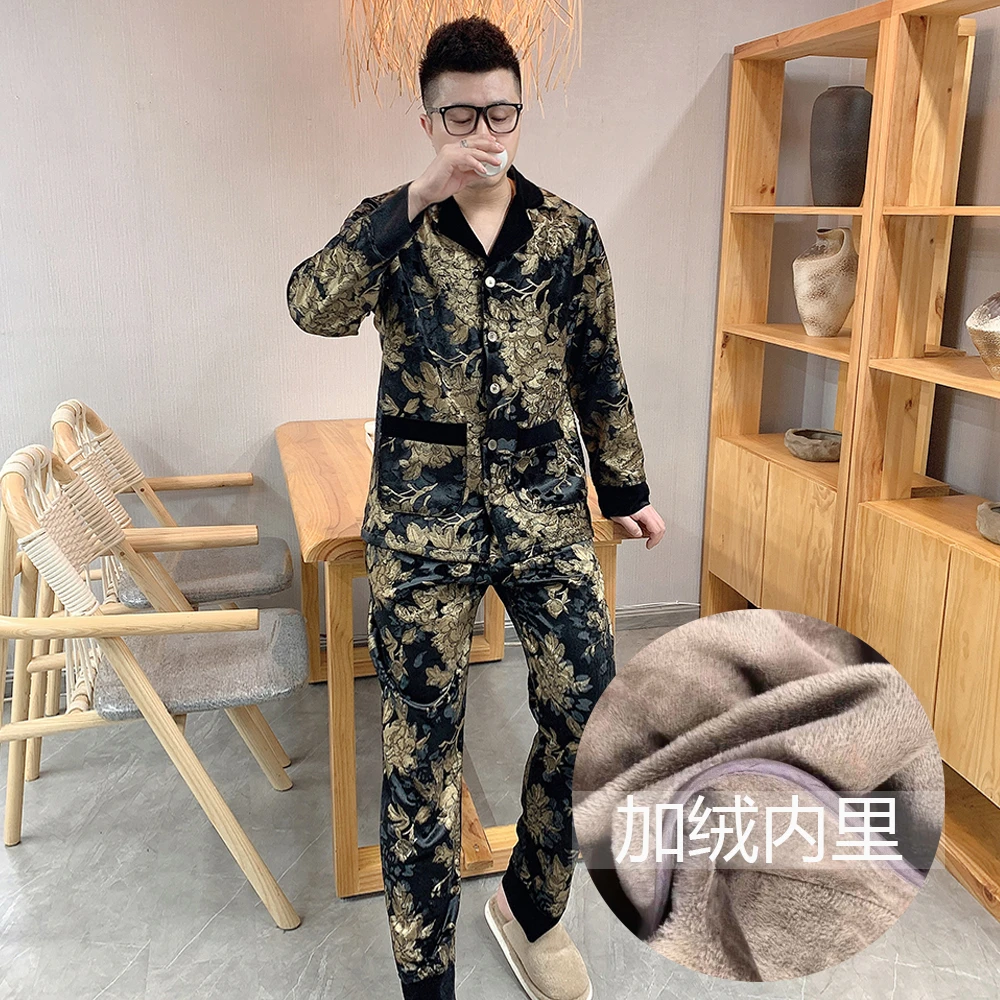 男士烫金加绒金丝绒睡衣套装2025秋冬新款奢华高品质家居服两件套