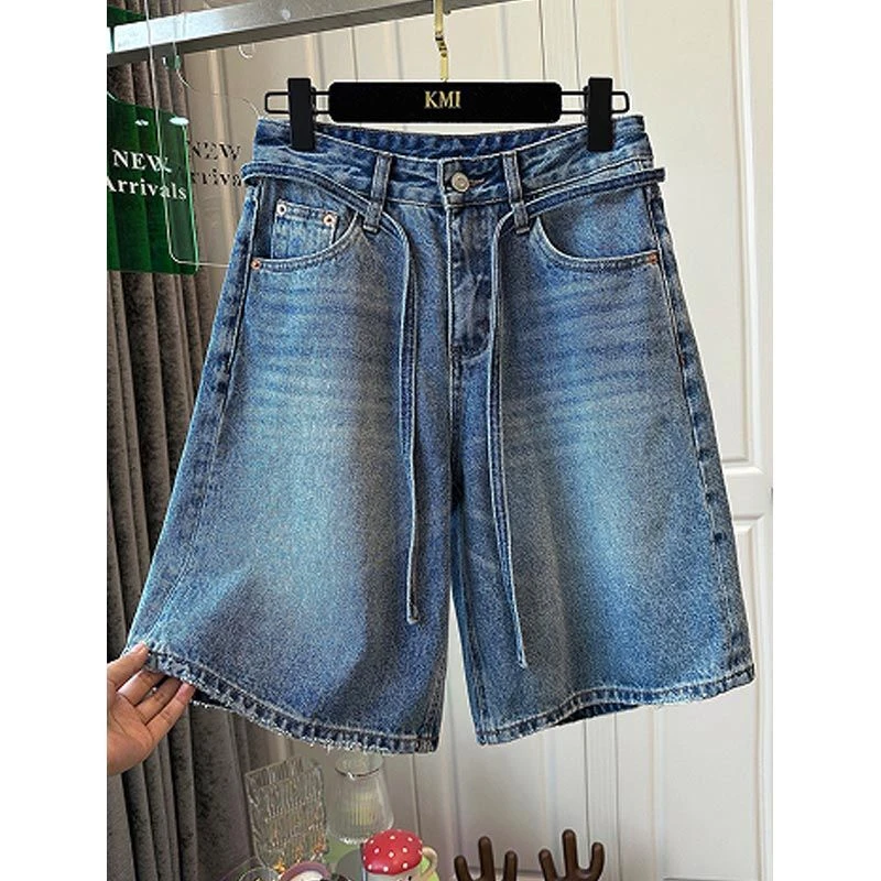 2025夏季新款腰头抽绳系带五分牛仔短裤女时尚高腰显瘦日常休闲裤