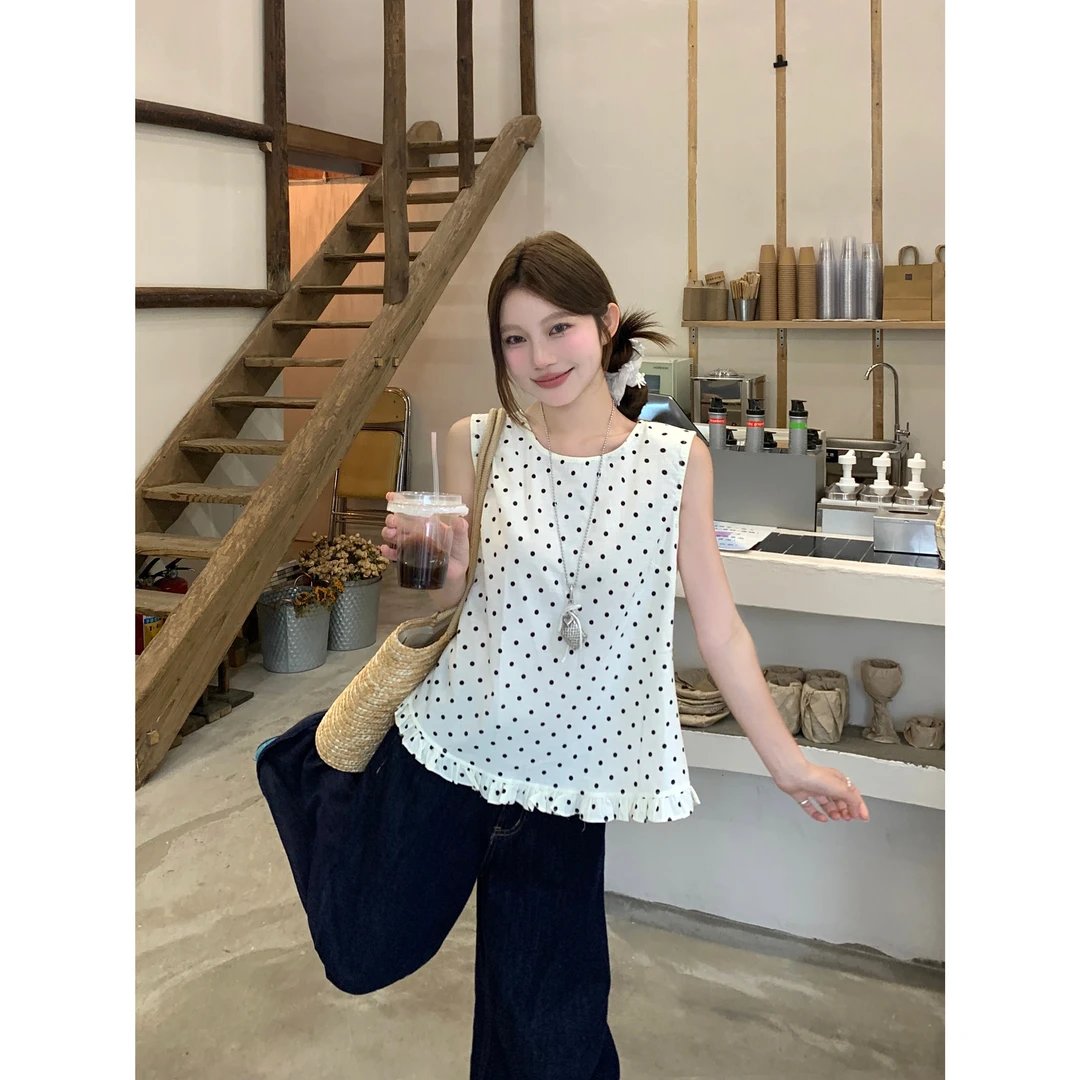 韩系夏季宽松休闲百搭圆领洋气无袖背心波点木耳边小衫气质小众