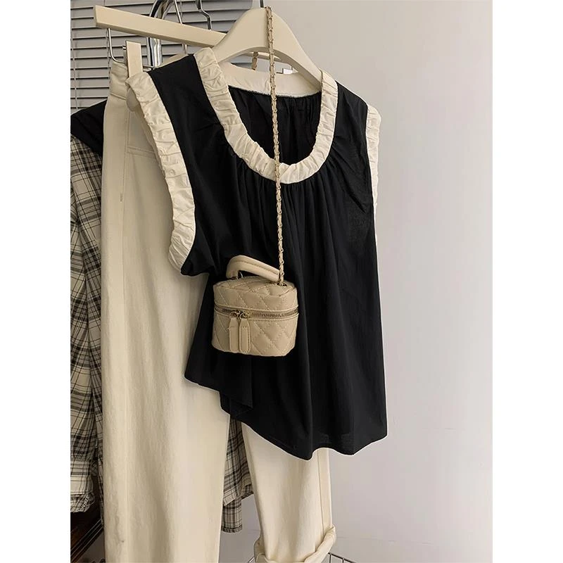 法式撞色圆领无袖背心女夏季小个子宽松减龄外穿百搭娃娃衫上衣潮