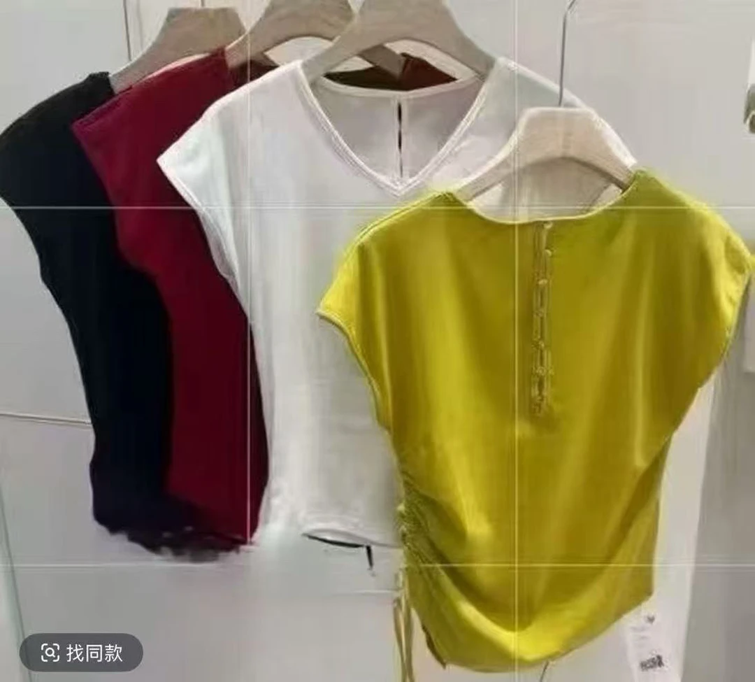 新款女式纯色V领抽绳不规则边高弹力吸汗透气减龄时尚百搭款