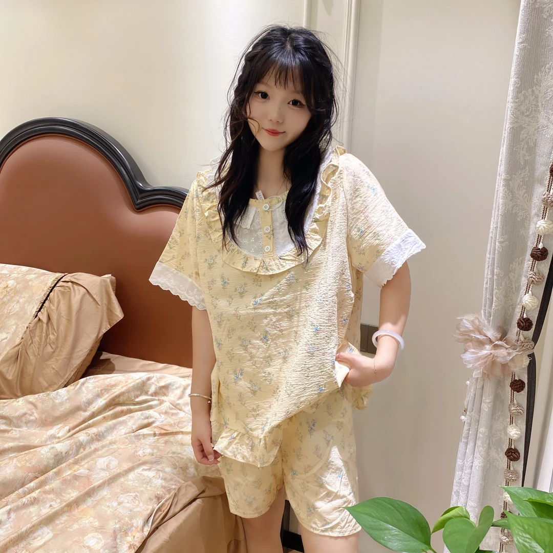 夏季短袖碎花圆领女短裤睡衣时尚宽松提花睡衣两件套舒适休闲舒适