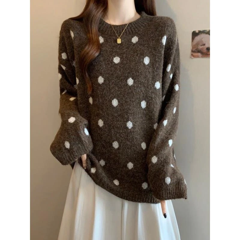 【万象撤柜】美拉德咖色波点针织衫正肩毛衣女2025秋冬新款大码胖mm