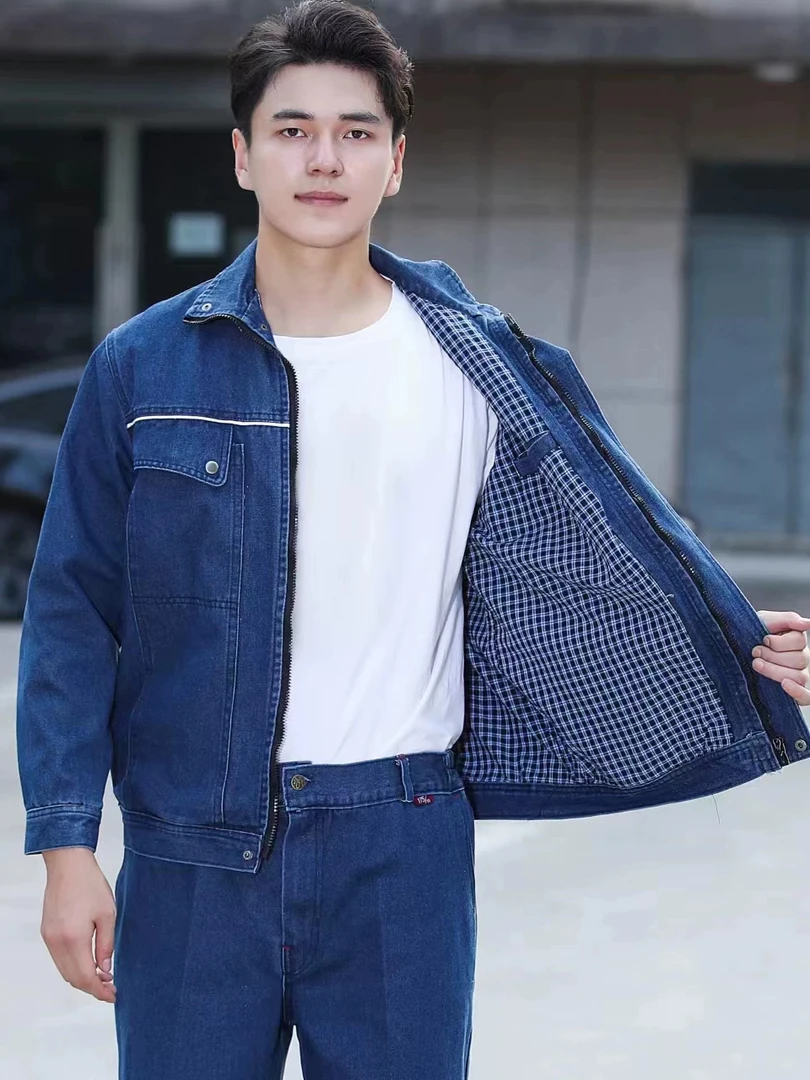 双层加厚立领宽松版牛仔劳保服耐磨防烫电焊汽修车间工作服套装