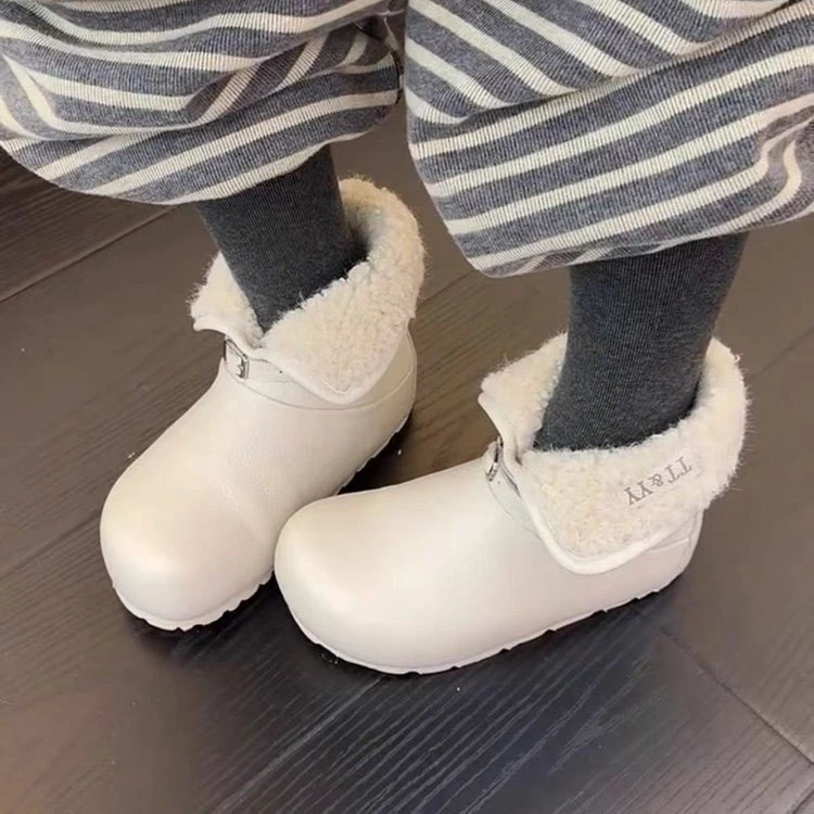 欧货翻领两穿软皮大头面包雪地靴女加绒保暖内增高毛毛勃肯短靴子