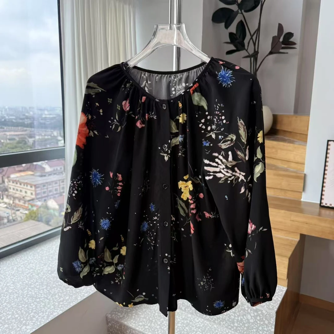 夜兰 重绉 开衫款时尚经典款印花长袖衬衫