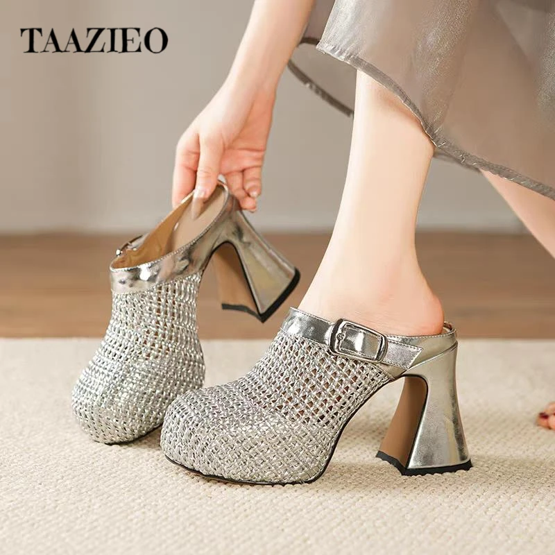 TAAZIEO银色时尚厚底网红包头拖鞋夏季新款圆头防水台粗跟一脚蹬