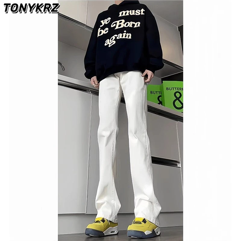 TONYKRZcleanfit白色牛仔裤男美式高街直筒长裤修身弯刀微喇裤子