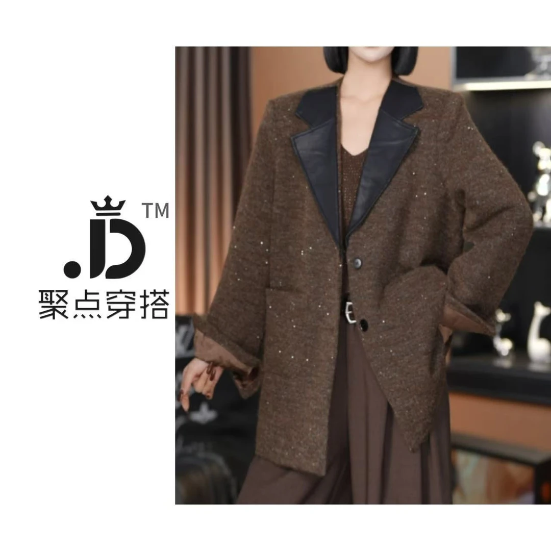JUDIAN-【焦糖朗姆】亮片针织一体拼皮平驳领秋款西装8jd00345