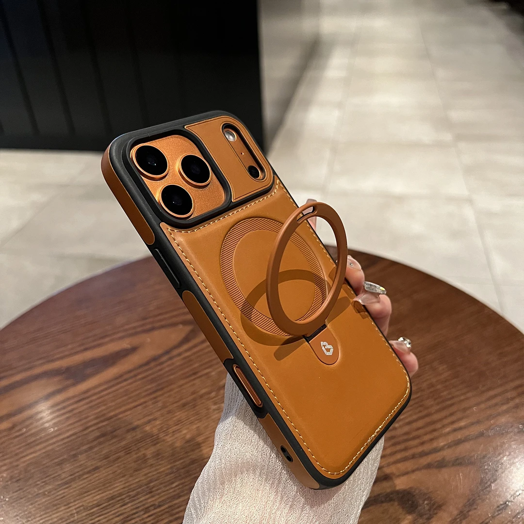 适用苹果17promax手机壳轻奢皮质防指纹磁吸简约支架全包防摔男女