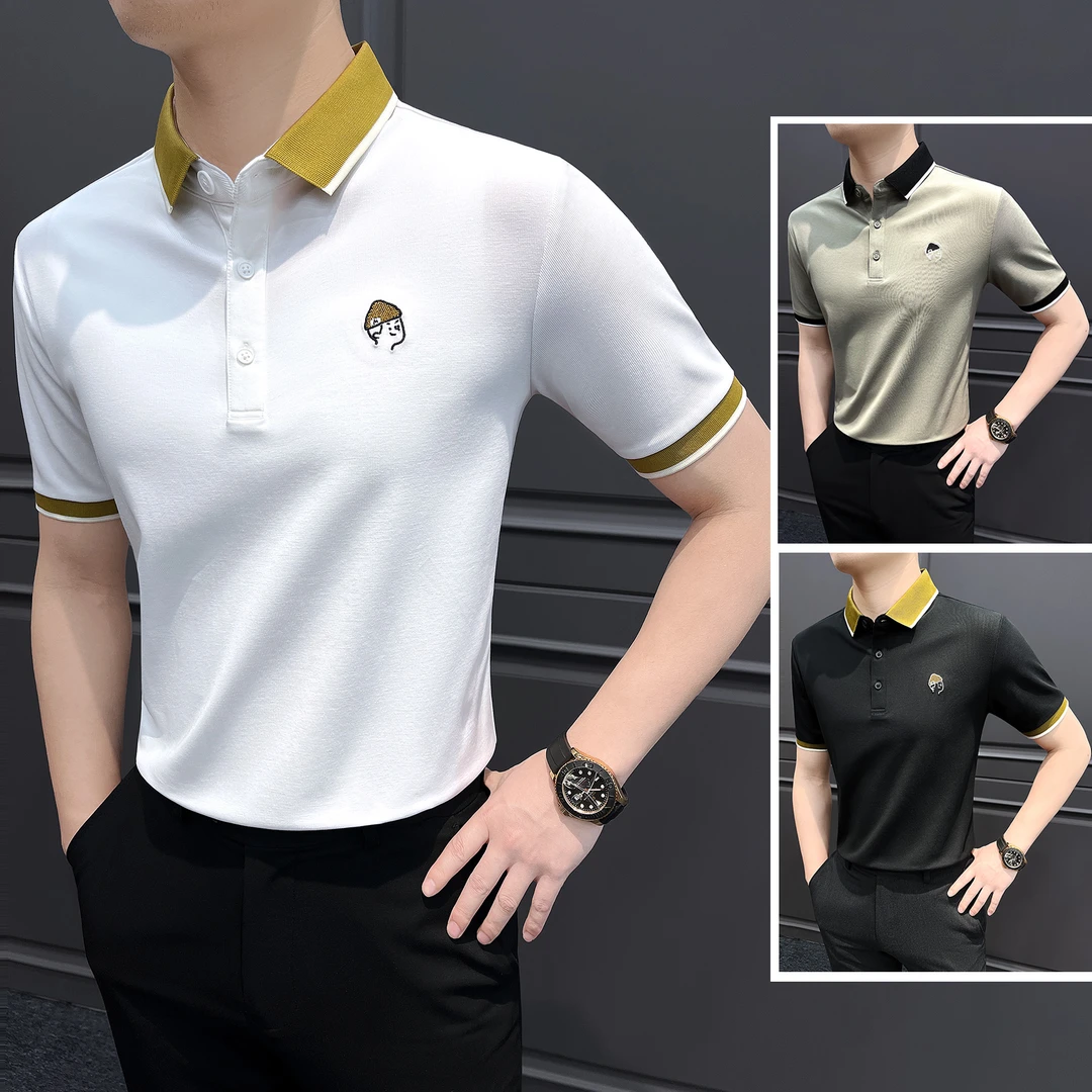 小人刺绣Polo衫短袖男款爆款2025新款男装高级感撞色翻领男士t恤