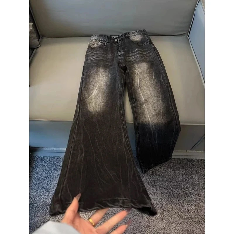 黑色闪电纹微喇叭牛仔裤男夏季美式休闲高街vibe裤子潮牌直筒长裤