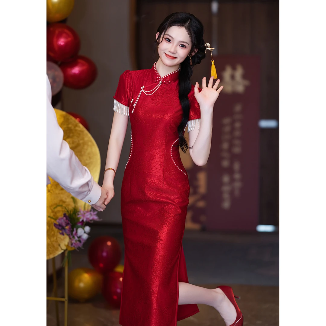 红色流苏旗袍敬酒服新娘2025新款绝美订婚礼服裙结婚回门便装夏季
