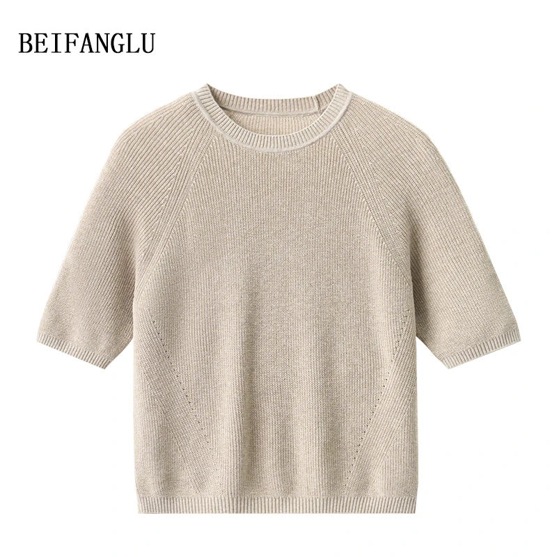 北方鹿 肌理感亚麻棉针织衫五分袖圆领宽松2025夏新款上衣女26523