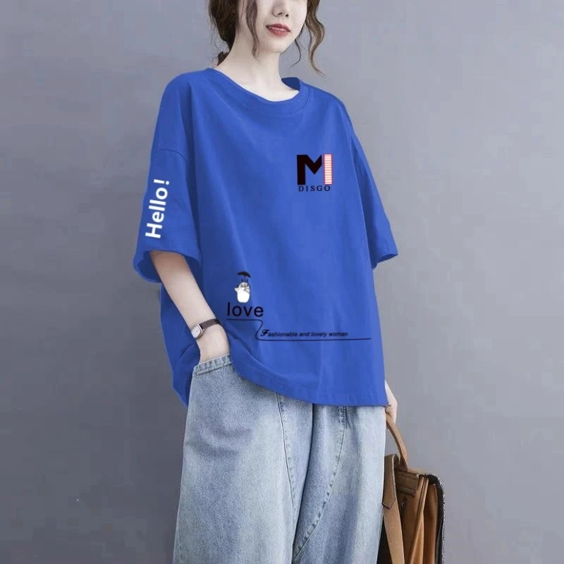 100%纯棉圆领短袖t恤女夏季韩版宽松休闲大码胖mm洋气减龄体恤衫