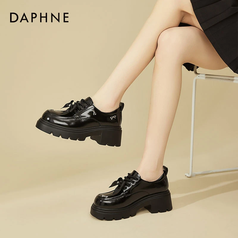 达芙妮厚底乐福鞋女2025新款春秋增高蝴蝶结单鞋软底英伦系带皮鞋