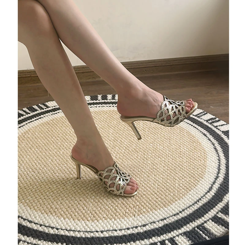 网状水钻方头拖鞋2025年夏季性感高跟鞋女外穿时尚设计感小众凉鞋