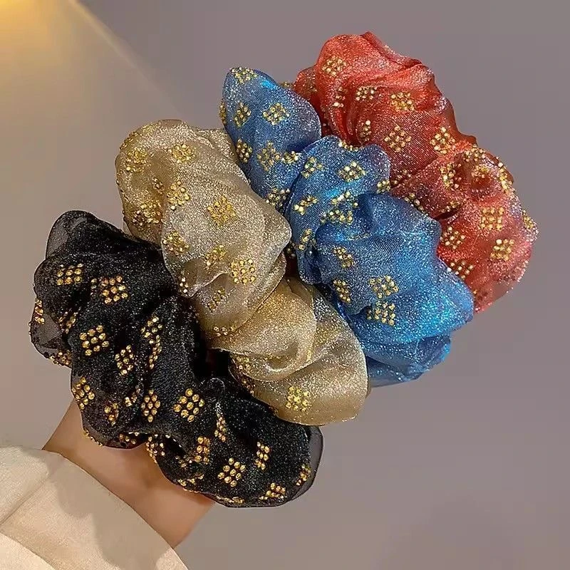 新款法式高端烫钻双层欧根纱大肠发圈女时尚百搭头绳高级简约女