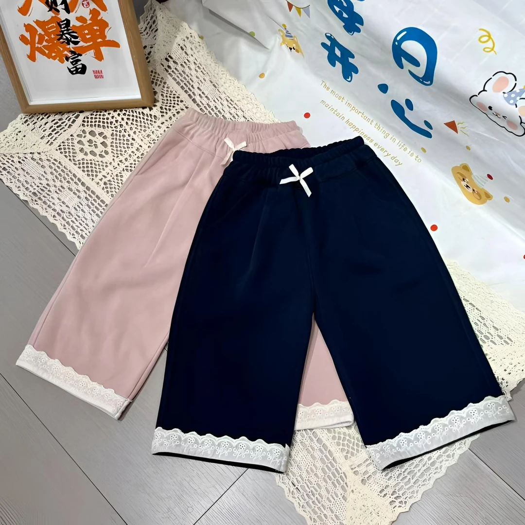 女童春秋韩版加厚款蕾丝花边直筒休闲裤