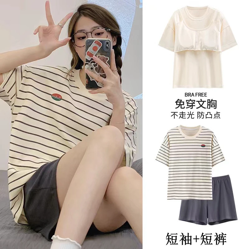 带胸垫睡衣女夏季短袖可外穿家居服两件套装学生党夏天短裤家居服