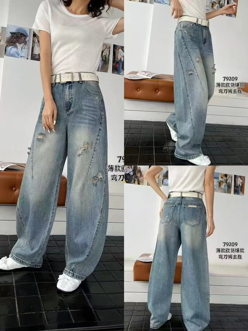 玲家精选79209款号欧洲站牛仔弯刀裤