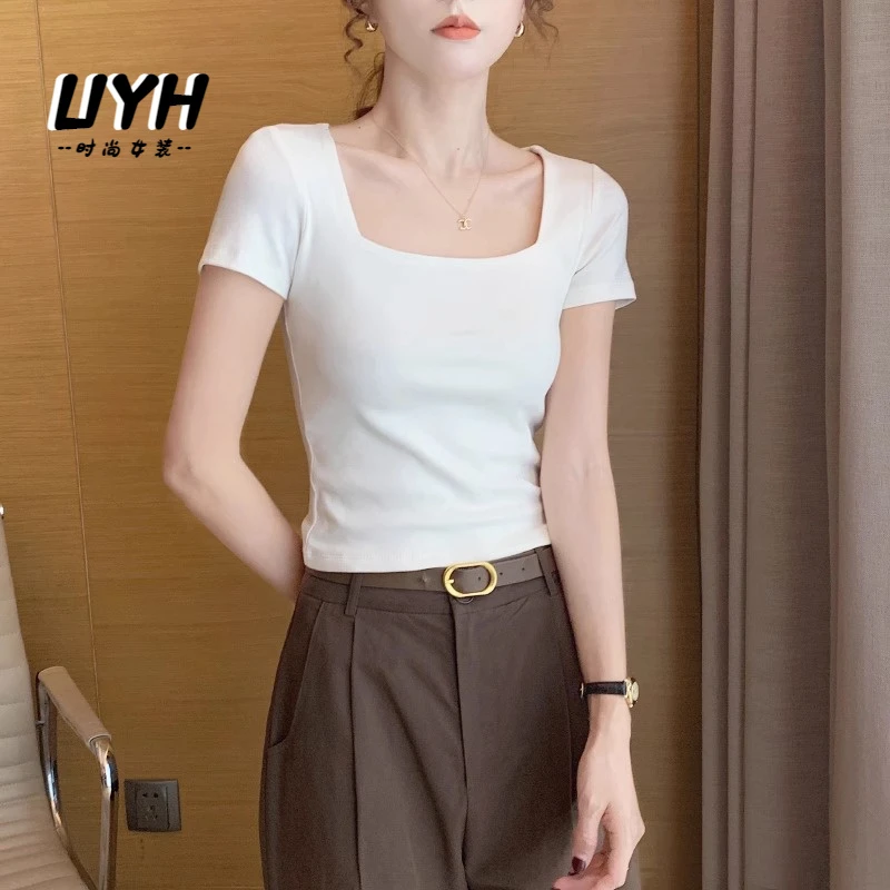 UYH白色方领短袖t恤女夏 2025新款大领口内搭打底露锁骨性感修身