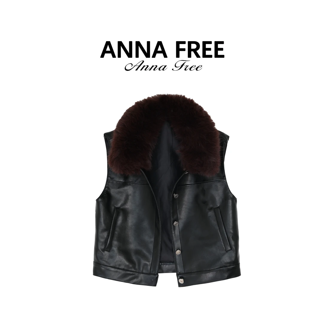 ANNA FREE 法式宽松型皮衣毛领马甲时尚短款秋冬翻领ZCH25891