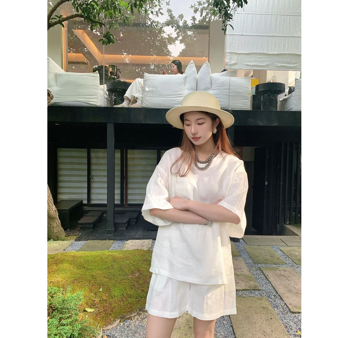 2025夏季女士新款亚麻休闲百搭纯色宽松圆领T恤