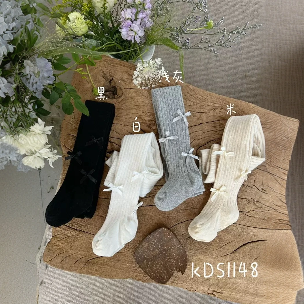 KDS1148春季新款儿童连裤袜宝宝纯色多个结打底裤可爱公主风裤子