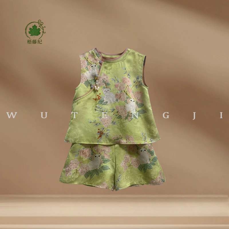 【曼波】【100木薯丝】2025夏季新款国风女童无袖两件套套装25XY087