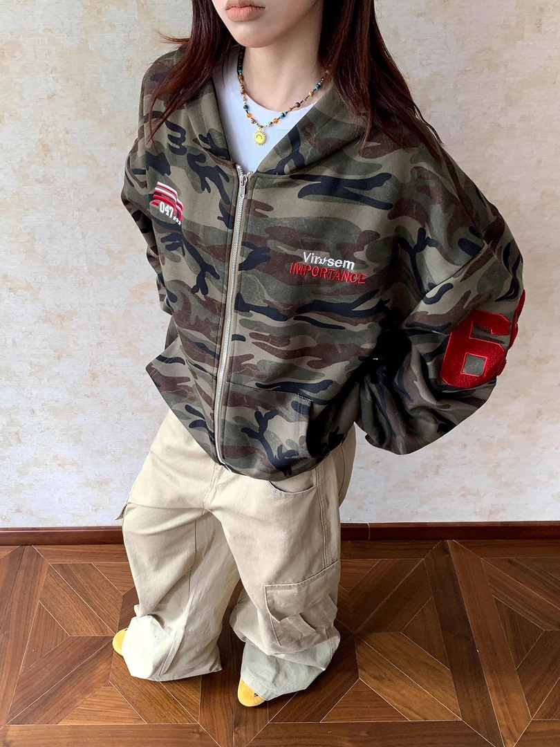 BINXLAN美式复古刺绣迷彩连帽卫衣开衫女秋季新款街头宽松外套潮
