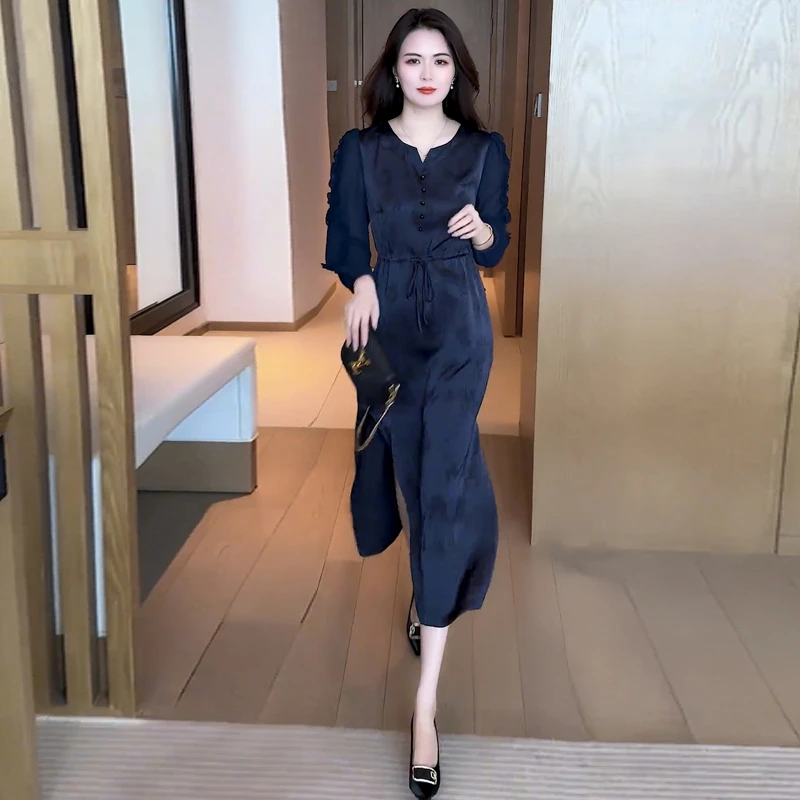 复古长袖印花连衣裙女洋气系带中长裙秋季新款收腰显瘦缎面旗袍裙