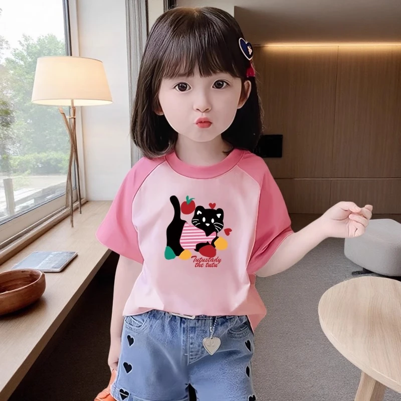 卡通印花半袖儿童夏装女童短袖t恤2025年新款中小童百搭纯棉上衣