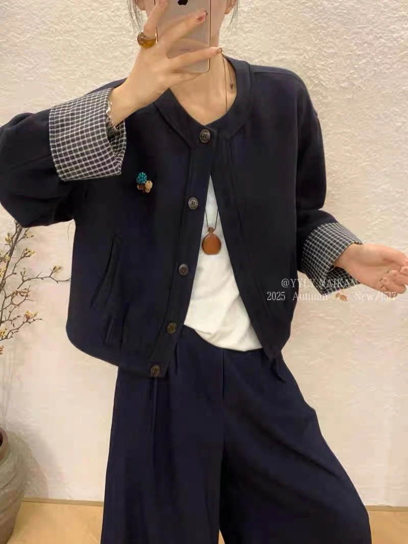 【苏苏精选】228668小个子韩版拼接格子单排扣麂皮绒短款夹克上衣