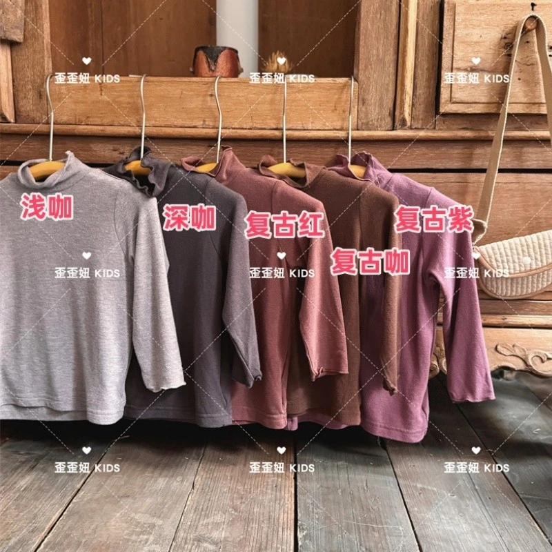 【歪歪妞童装】25267儿童极简森系木耳边打底衫日系男女童复古T恤衫