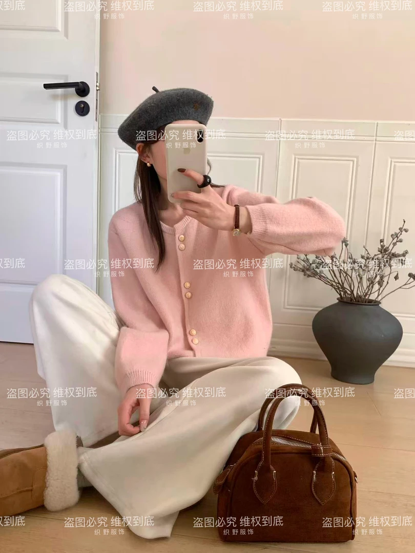 【富家千金】双排磁扣常规款上衣厚款宽松时尚毛衣秋冬圆领毛针织衫